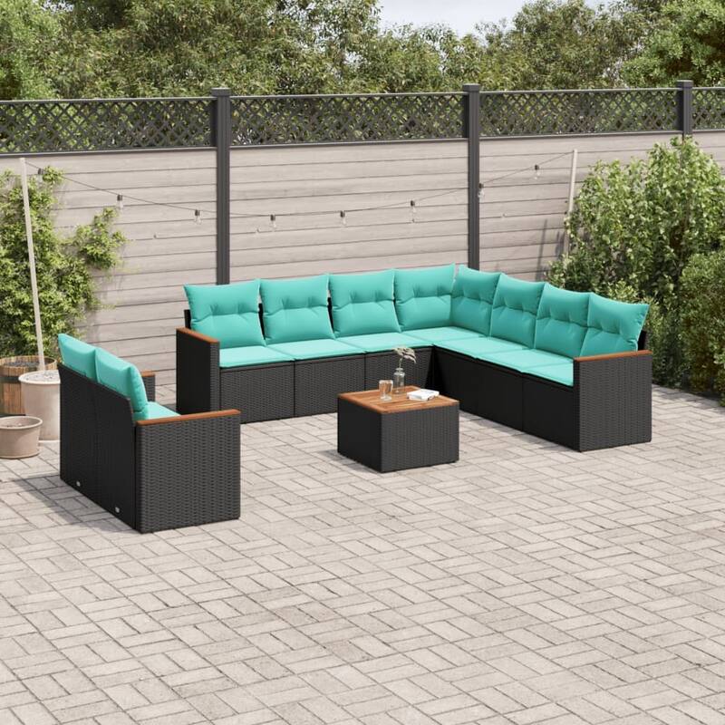 vidaXL Patio Sofa Set with Cushions Outdoor Conversation Furniture Poly Rattan - 24.4x 24.4x 27.2 - Black and Blue-With table