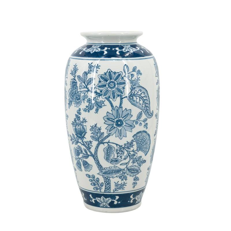 15" Light Blue And White Floral Porcelain Urn Vase - 7.5