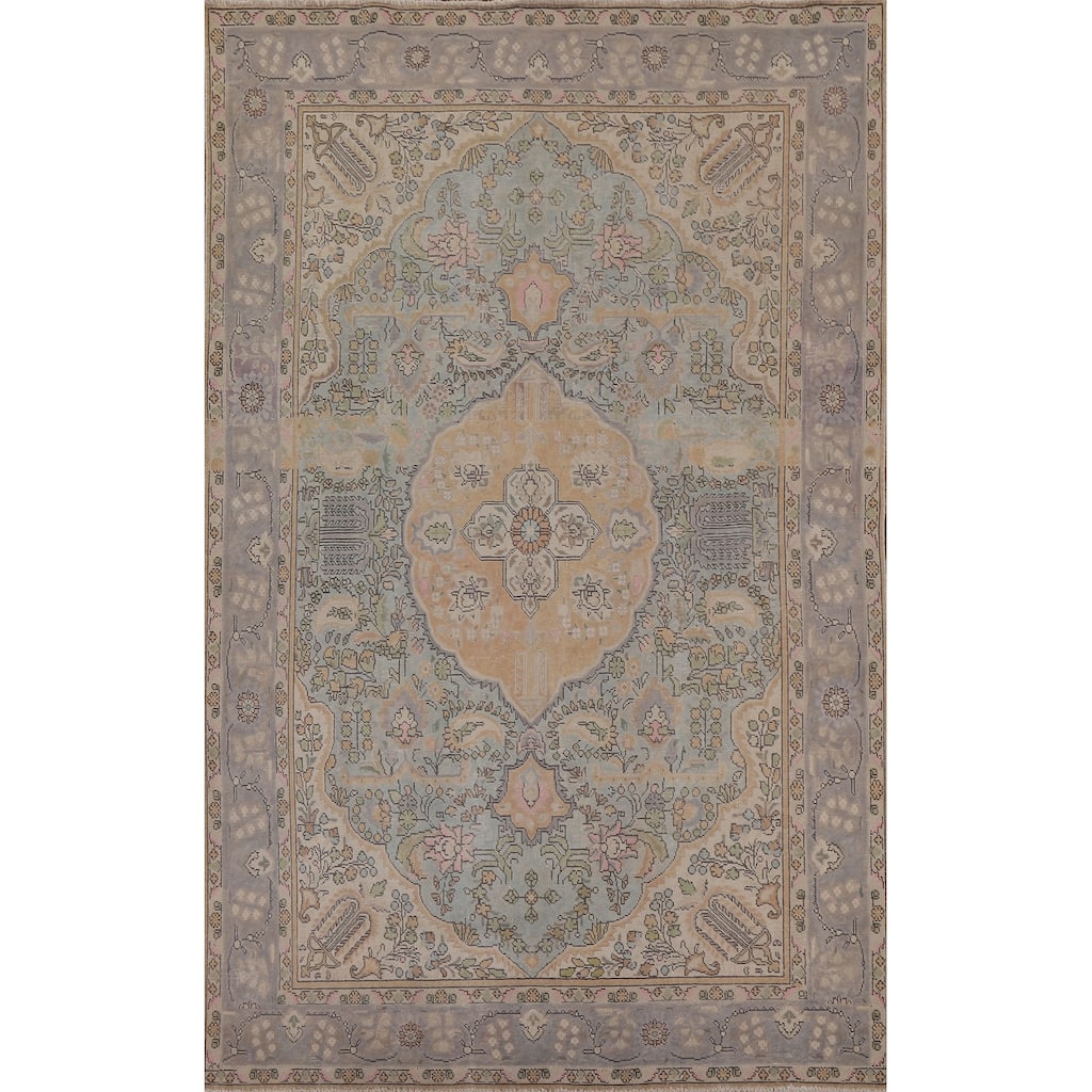 Antique Distressed Tabriz Persian Rug Home Decor Handmade Wool Carpet - 6'5" x 9'7"