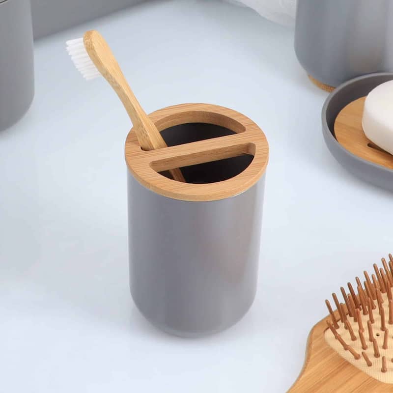 Grey Padang Bathroom Accessory Set 7-Pieces Bamboo - Toothbrush Holder Only