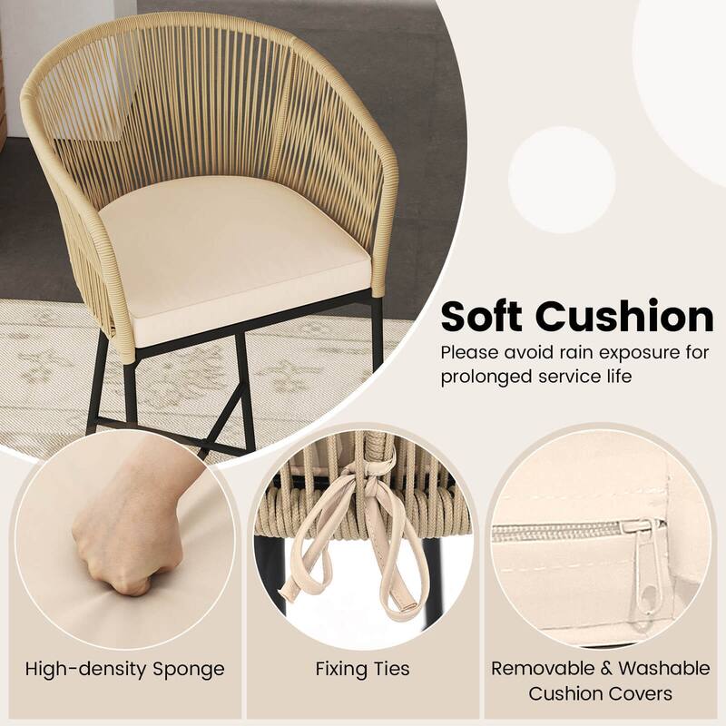 Costway 3 PCS Rope Woven Patio Bar Set with Soft Cushions and Acacia - See Details