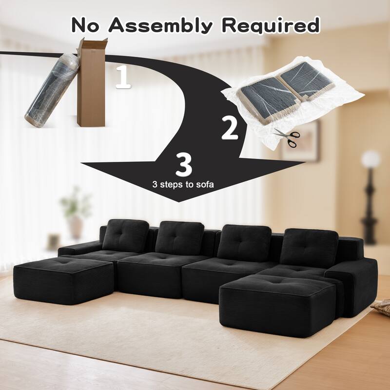 Roomfitters No Assembly Modular Sofa, 117 Inch Corduroy 3-Seater with Piping, Black