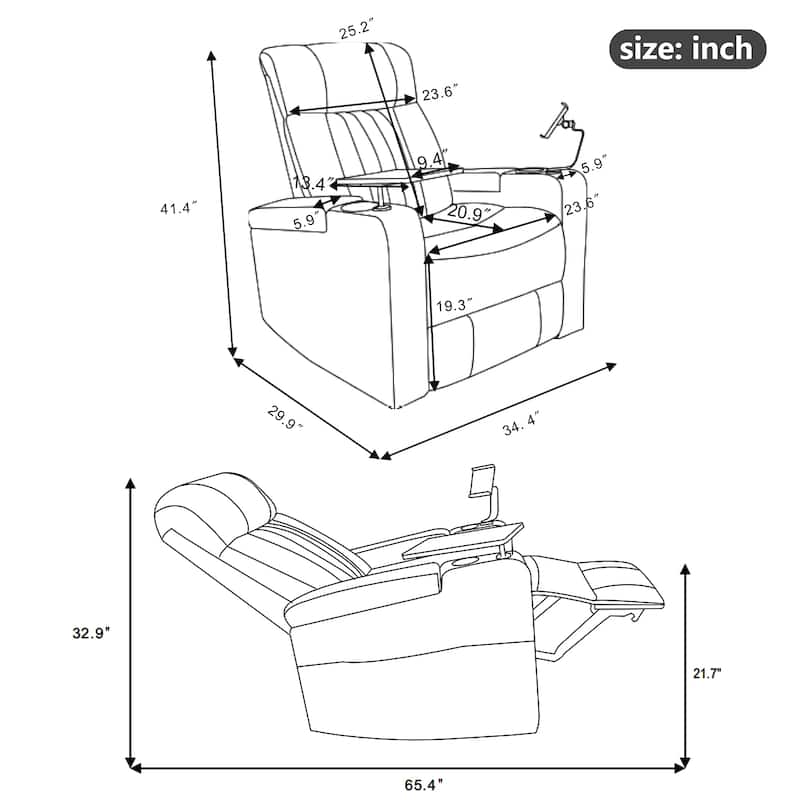 Power Swivel Recliner with Tray Table and USB Charging, Cup Holder, Hidden Arm Storage, LED