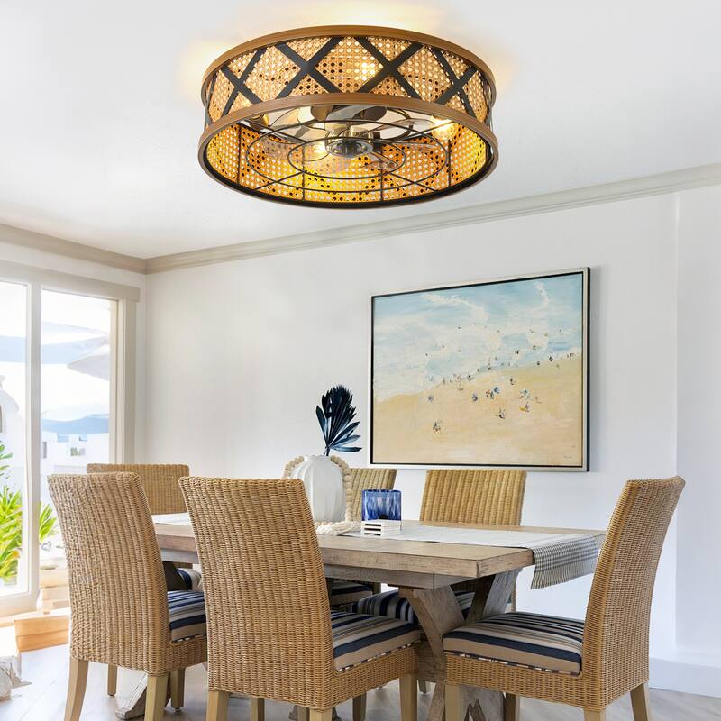 Cusp Barn 23" Boho Rattan Flush Mount Low Profile 6 Speeds Reversible Caged Ceiling Fan with Light and Remote for Bedroom