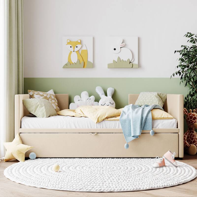 Beige Upholstered Twin Daybed with Pop-Up Trundle - No Box Spring Required