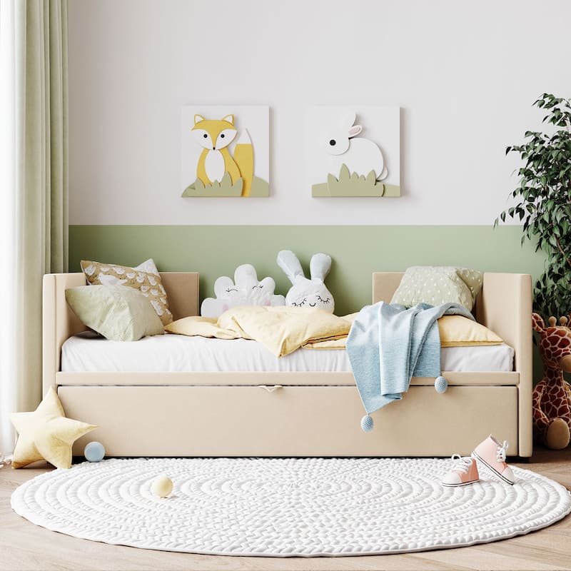 Beige Upholstered Twin Size Daybed with Pop Up Trundle, Multi-Functional Design
