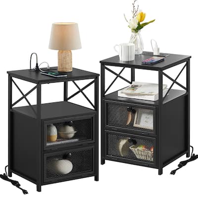 Nightstand with Charging Station, Small Night Stand with Storage Drawers and Shelf, Bedside Table with USB Ports & Outlets