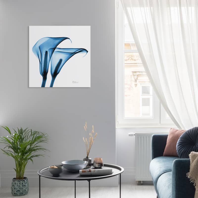 "Indigo Calla Lililes " Frameless Free Floating Tempered Glass Panel Graphic Wall Art