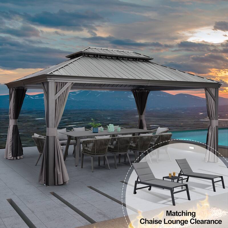 PURPLE LEAF Hardtop Patio Gazebo 12 x 16FT Galvanized Steel Roof Awning w Chaise Lounge - Grey
