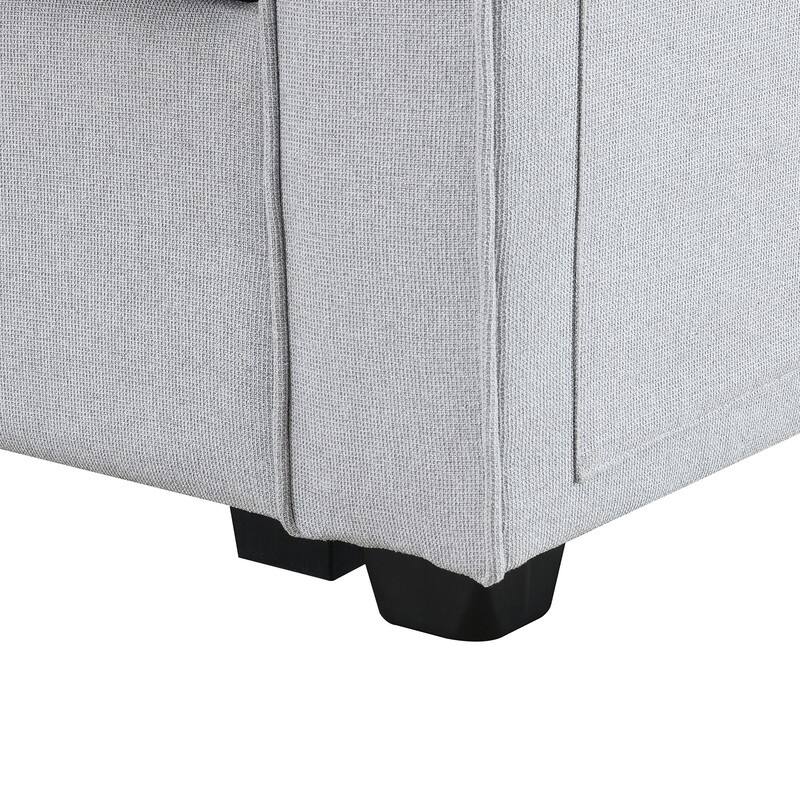 114.2" Modern Linen Fabric Sectional Sofa with Central Console, 2 Cupholders and Charging Station,4 Pillows