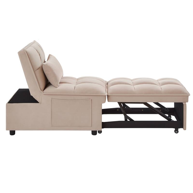 Velvet Multi-Function Chair Bed with Adjustable Backrest, Storage Pockets and Convertible Chaise Design