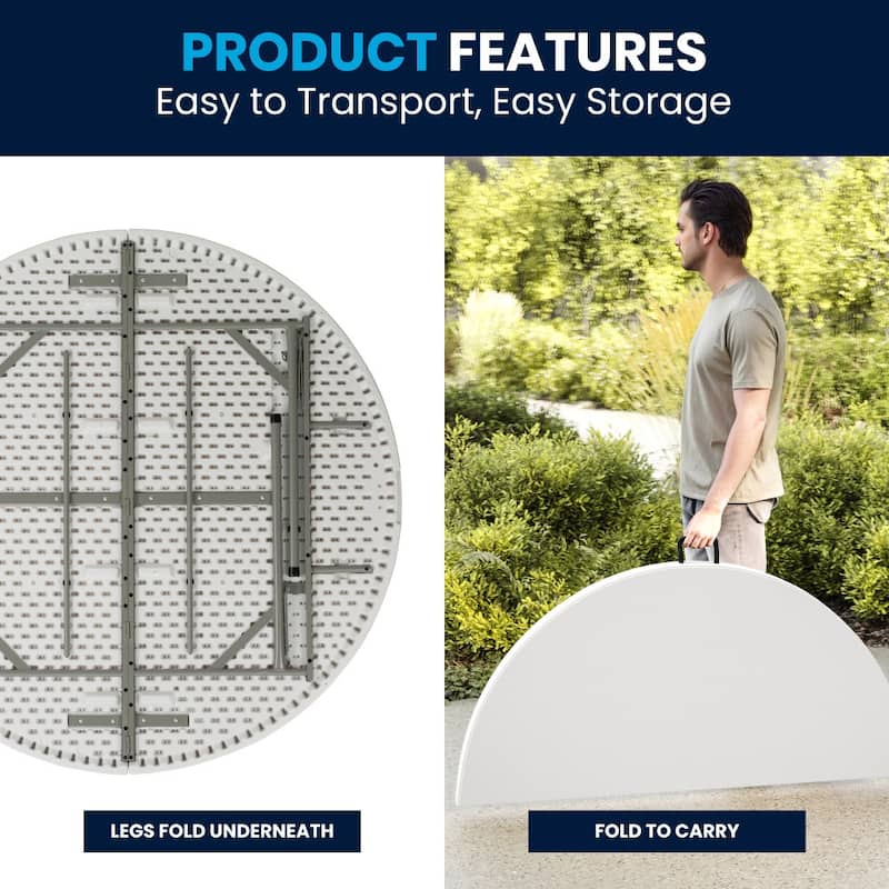 5-Foot Round Bi-Fold Plastic Folding Table with Carrying Handle - 60.5"W x 60.5"D x 29.5"H