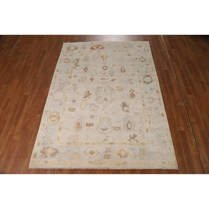 Vegetable Dye Oushak Turkish Rug Handmade Beige Wool Carpet - 5'0"x 7'7"