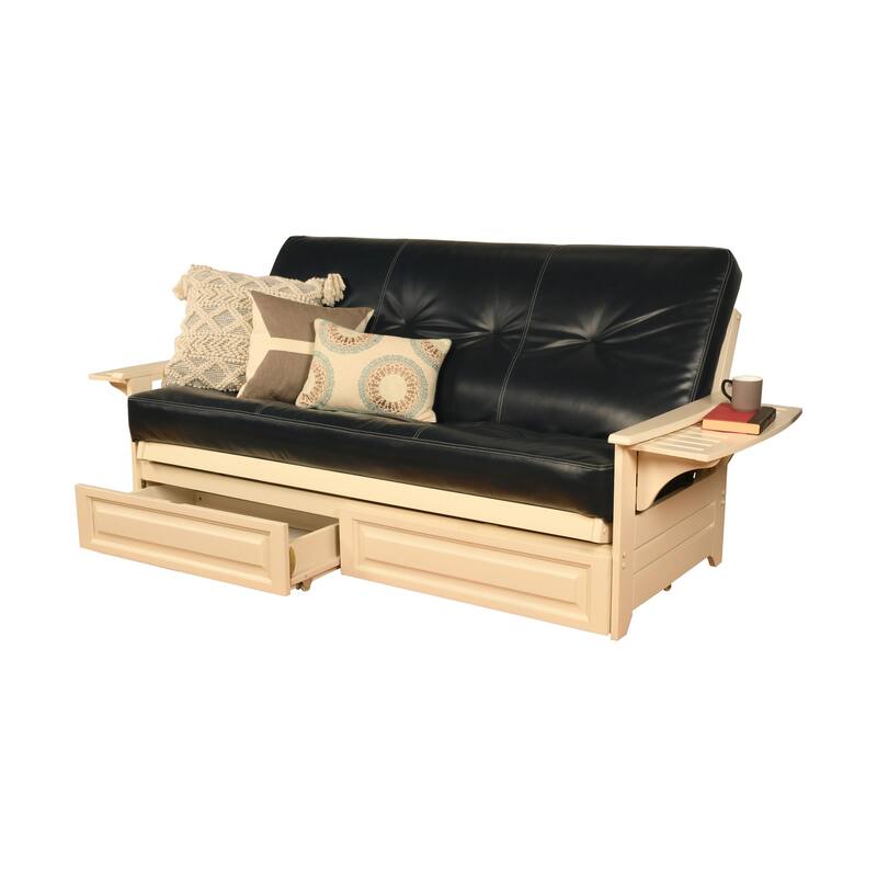 Somette Phoenix Futon Set in Antique White Wood with Innerspring Mattress and Storage Drawers
