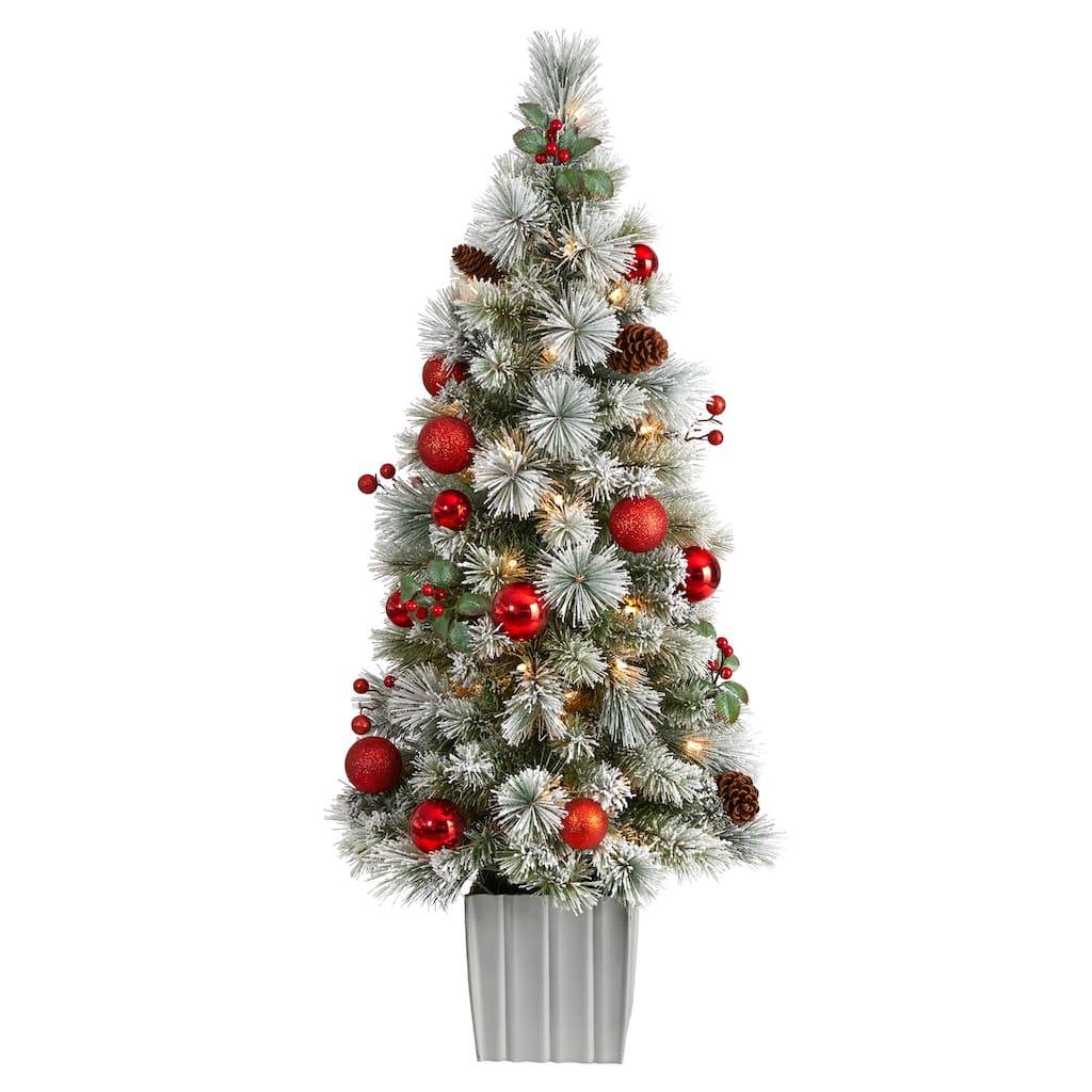 4Ft Pre-Lit Christmas Tree with Ornaments & Planter - Holiday Decor - Red - 48