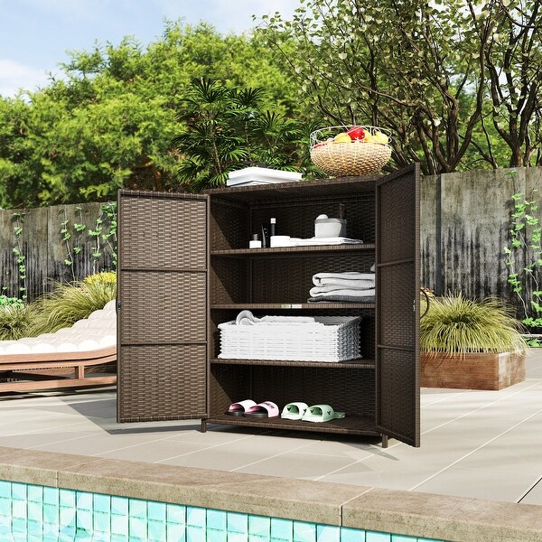 Outsunny Wicker Outdoor Storage Cabinet with Shelves, 4-Shelf