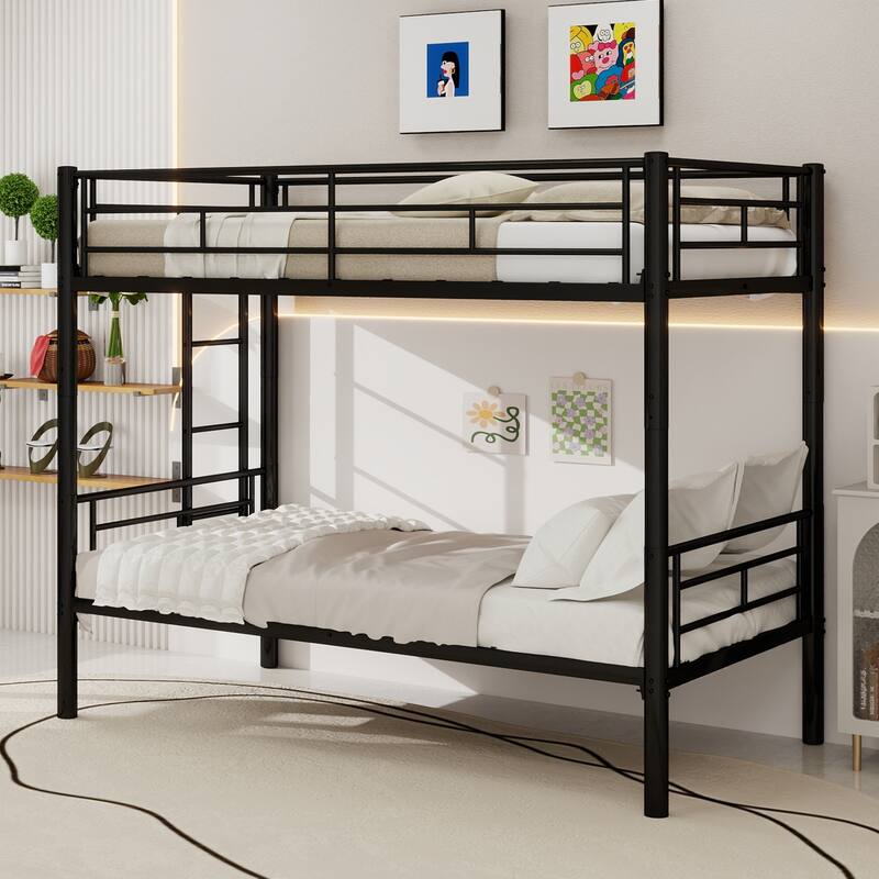 Twin Over Twin Metal Bunk Bed for Kids Boys Girls, Metal Structure Bedframe with Ladders & Guardrail, Convertible 2 Beds