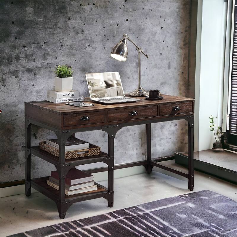 Modern 3-Drawer Writing Desk with Iron Base and Open Storage Compartments for Office or Study Room Organization