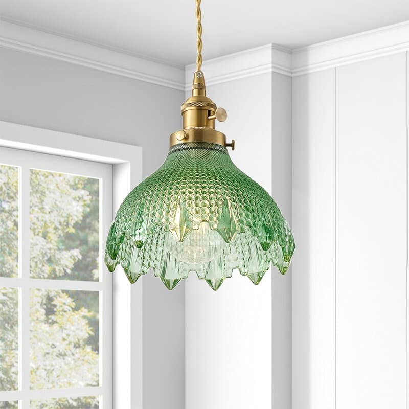 Modern 1 Light Dark Green Glass Pendant Light Electroplated Brass Ceiling Fixture