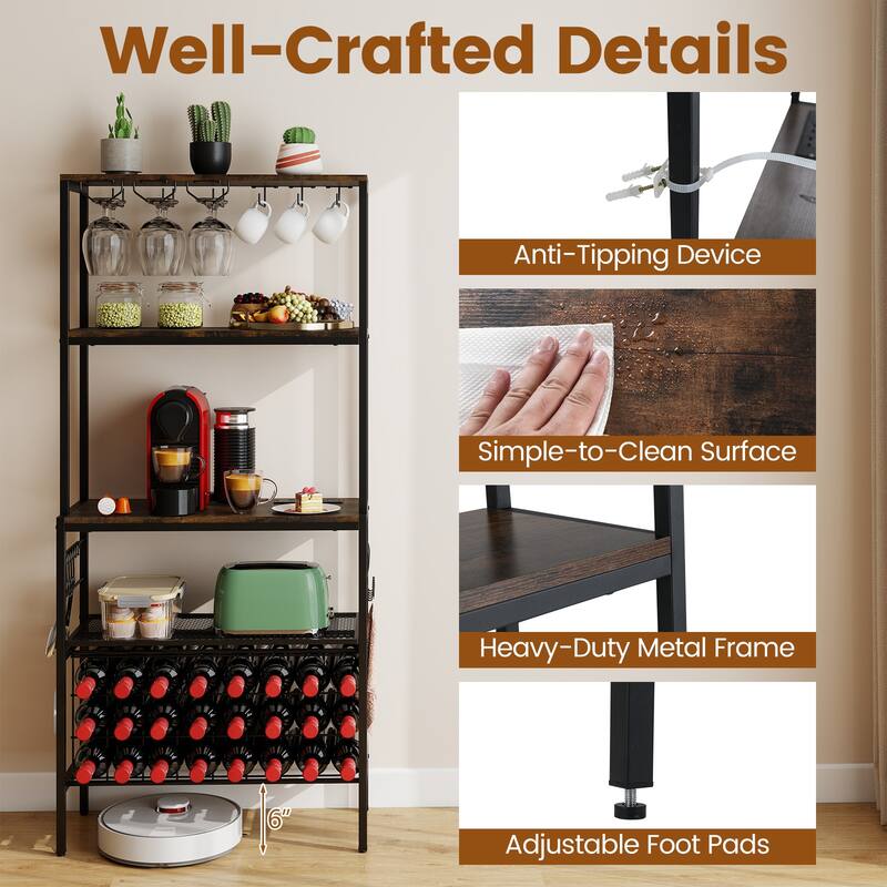 Gymax 3-Tier Wine Rack Coffee Bar Station w/Power Outlets Hooks Glass