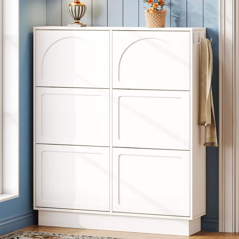 Tipping Bucket Shoe Cabinet w/ 6 Flip Drawers,Adjustable Shelf,Hooks - White