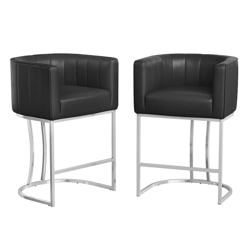 LUE BONA Modern 26.in Low Back Counter Height Barstools Upholstered/PU Leather Barrel Set of 2 Bar Stools with Metal Frame
