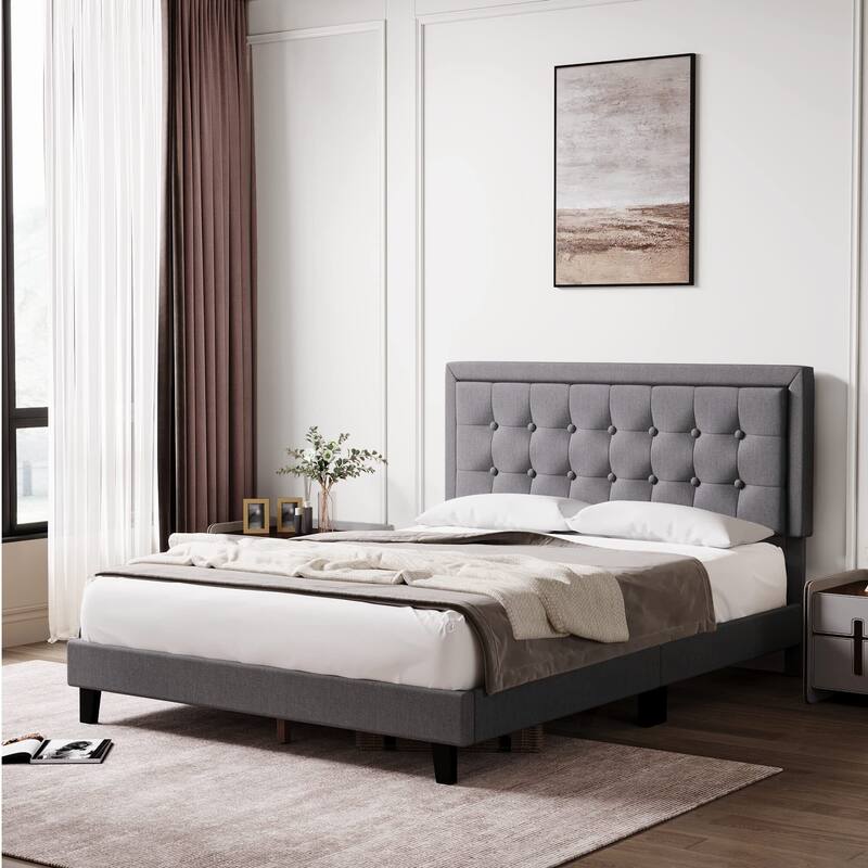 Modern Upholstered Platform Bed with Button Tufted Headboard