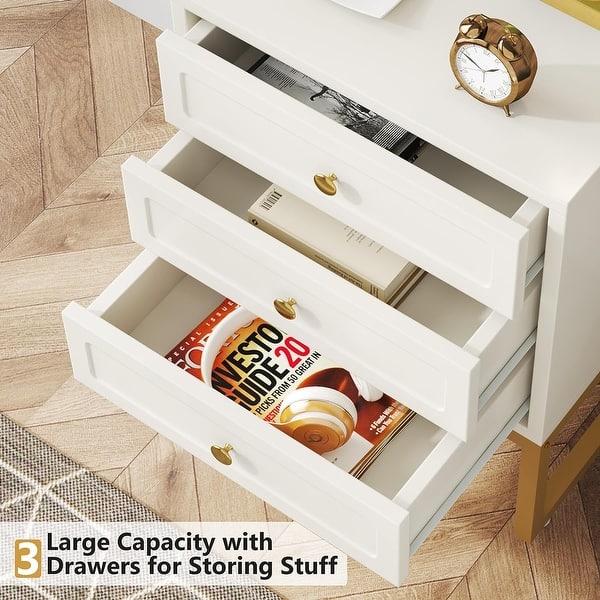 3Drawer Nightstand, White Modern Sofa End Table, Woode for Bedroom