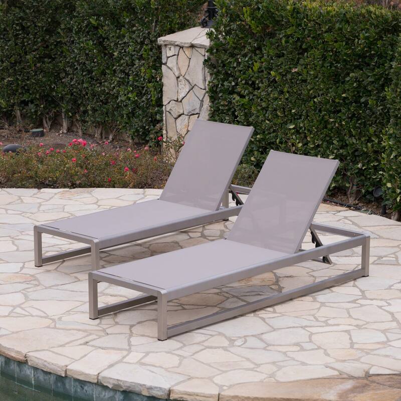 2pc Modesta Chaise Lounge Set Grey Adjustable Outdoor Mesh Patio Furniture with Aluminum Frame 76in