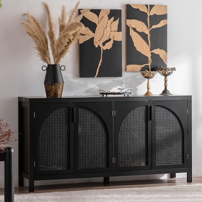 Modern Sideboard Buffet Cabinet with Faux Rattan Doors, Freestanding Wooden Storage Cabinet for Living Room, Entryway & Kitchen