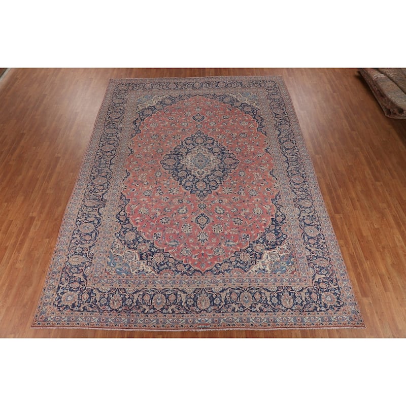 Traditional Kashan Large Persian Vintage Rug Hand-Knotted Wool Carpet - 10'2"x 14'0"