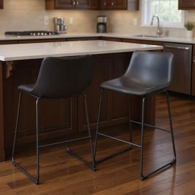 HomeRoots Set of Two 29" Black Faux Leather and Steel Counter Height Bar Chairs