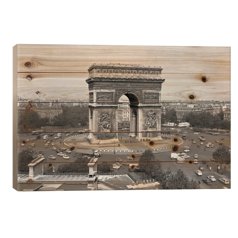 1960s Arc De Triomphe In Center Of Place de l'Etoile Champs Elysees At Lower Right Paris France Print On Wood by Vintage Images - 18x26x1.5