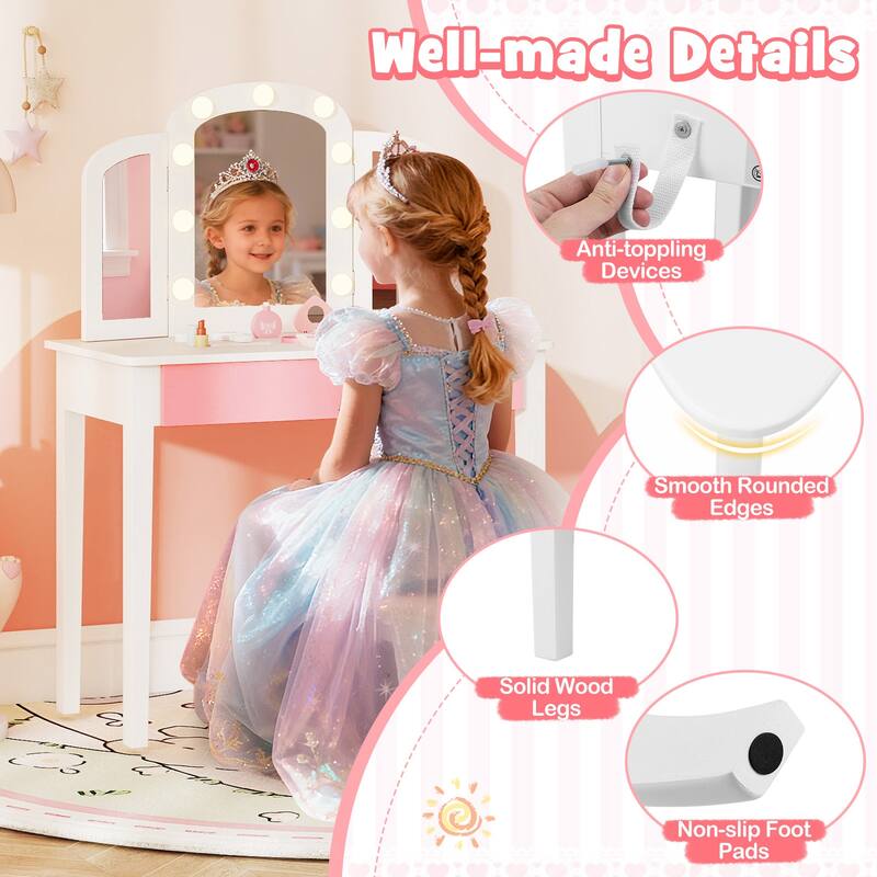 Gymax Kids Vanity Table Set 2-in-1 Princess Makeup Dressing Desk