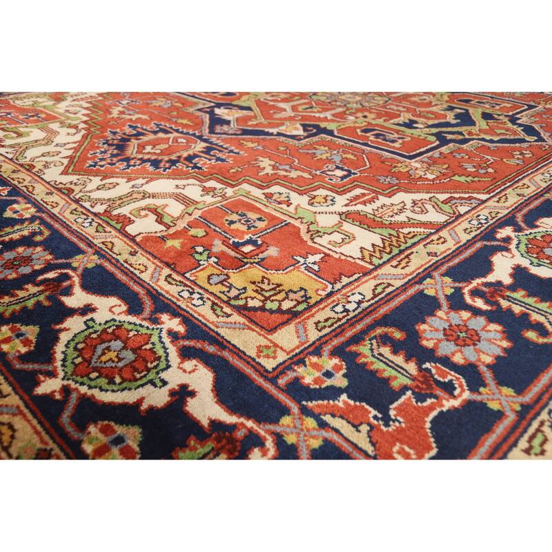 Orange Geometric Heriz Serapi Indian Area Rug Handmade Wool Carpet - 9'2" x 11'10"