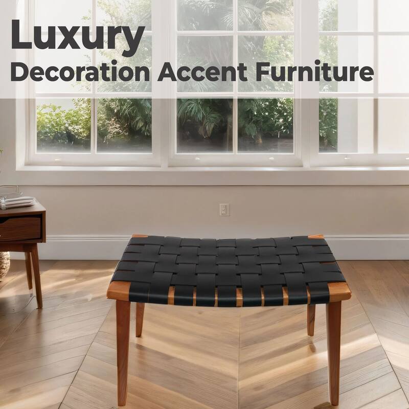 Genuine Leather Rene Stool Bench with Ash Wood Frame Seating