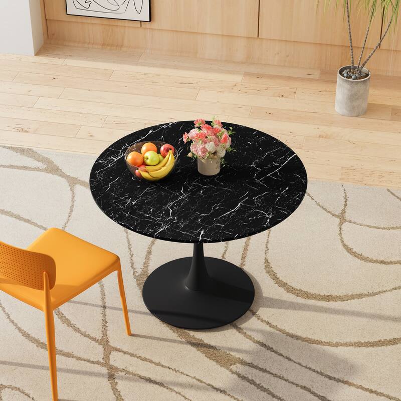 Modern Round Dining Table End Table Leisure Coffee Table with Metal Base - Black Marble-42.12"