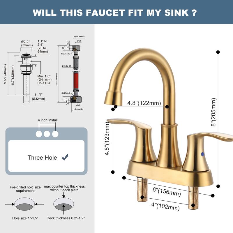 WOWOW 4 in. Centerset Double Handle High Arc Bathroom Faucet