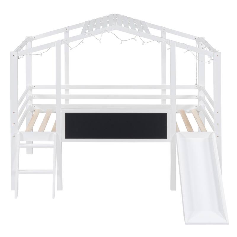 Twin Size Loft Bed with Ladder and Slid, House Bed Frame with Blackboard and Light Strip, Space-Saving Bed No Box Spring Needed