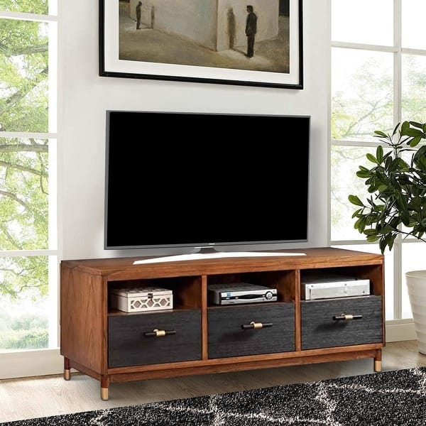Two Tone 3 Drawer Wood TV Console with 3 Open Compartments, Black and