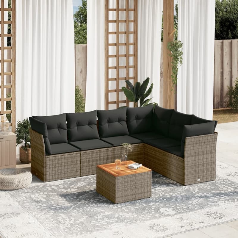 vidaXL Patio Sofa Set with Cushions Outdoor Furniture 7 Piece Poly Rattan - 21.7 x 21.7 x 14.6 - Grey-3x corner+table+3x middle