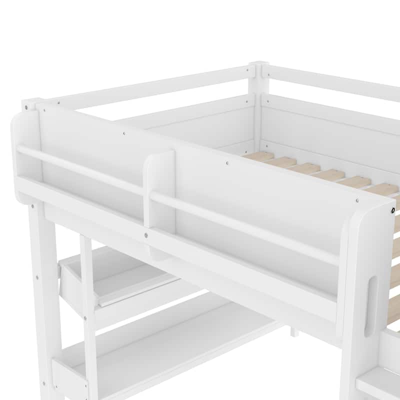 Twin Loft Bed with Multi-storage Bookcases, Boxes and Drawers, Solid Wood Low Loft Beds with Desk and Blackboard