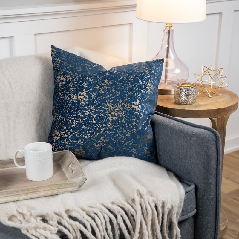 17" Navy Blue and Gold Foil Crackle Square Velvet Throw Pillow