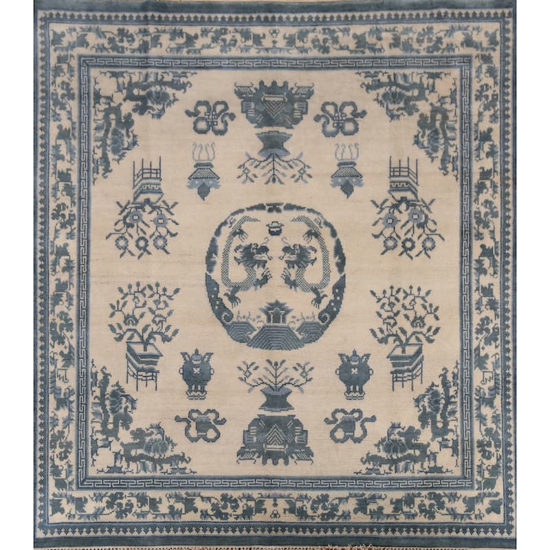 Art Deco Indian Square Rug Hand-Knotted Wool Carpet - 8'1" x 7'11"