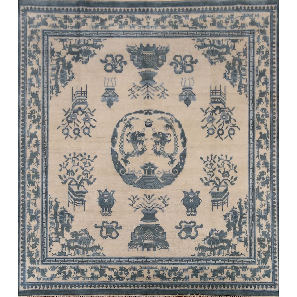 Art Deco Indian Square Rug Hand-Knotted Wool Carpet - 8'1" x 7'11"