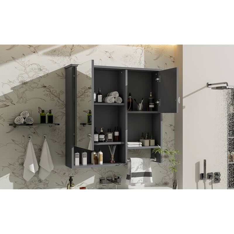 Roomfitters 29x28 Inch Modern Wall Mounted Medicine Cabinet, Mirror Storage Organizer with Integrated Towel Bar, Gray