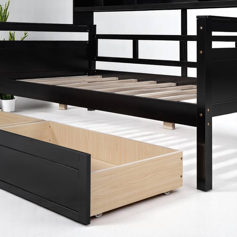 Wooden Twin/Full Daybed with 2 Storage Drawers and Bedside Shelves, No Box Spring Needed, Modern Design