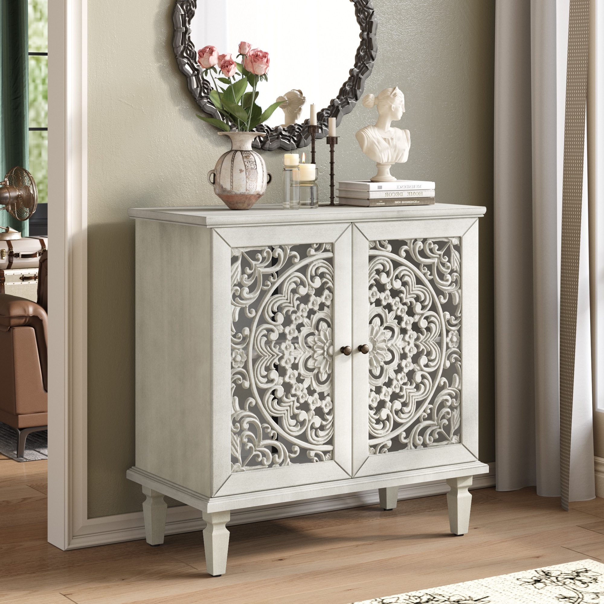 Roomfitters 2-Door Hollow-Carved Accent Cabinet, Symmetrical Floral Sideboard with Adjustable Shelf