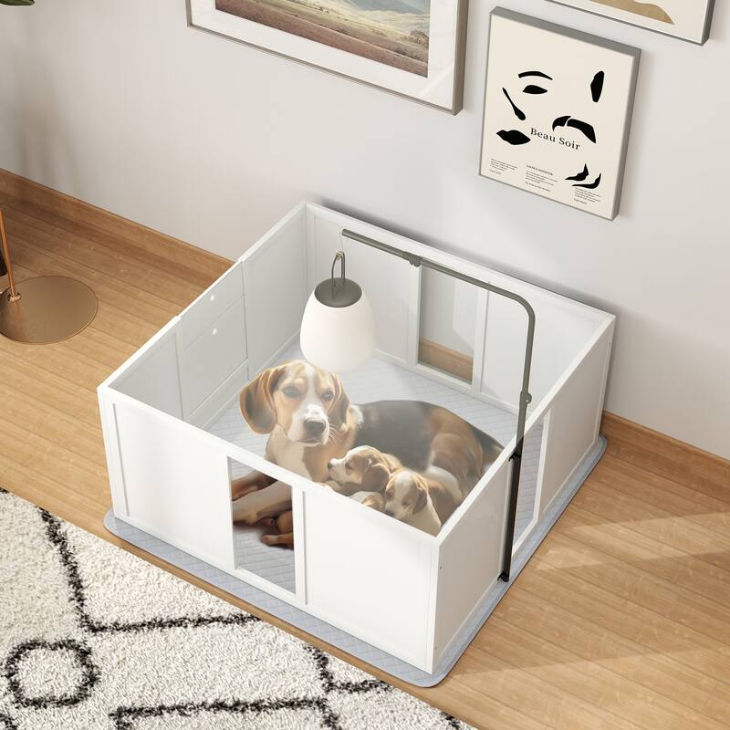 PawHut Whelping Box for Dogs, Newborn Puppy Supplies with Retractable Light Stand, Waterproof Pee Pad, Adjustable Height Door