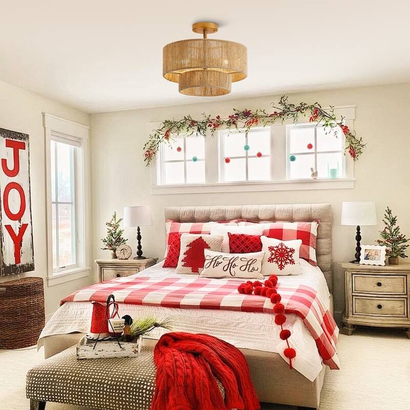 Bohemian Gold Natural Handmade Jute Rope 3-Light Two-Tier Drum Semi-Flush Mount Ceiling Light - 15.4"Wx12.6"H